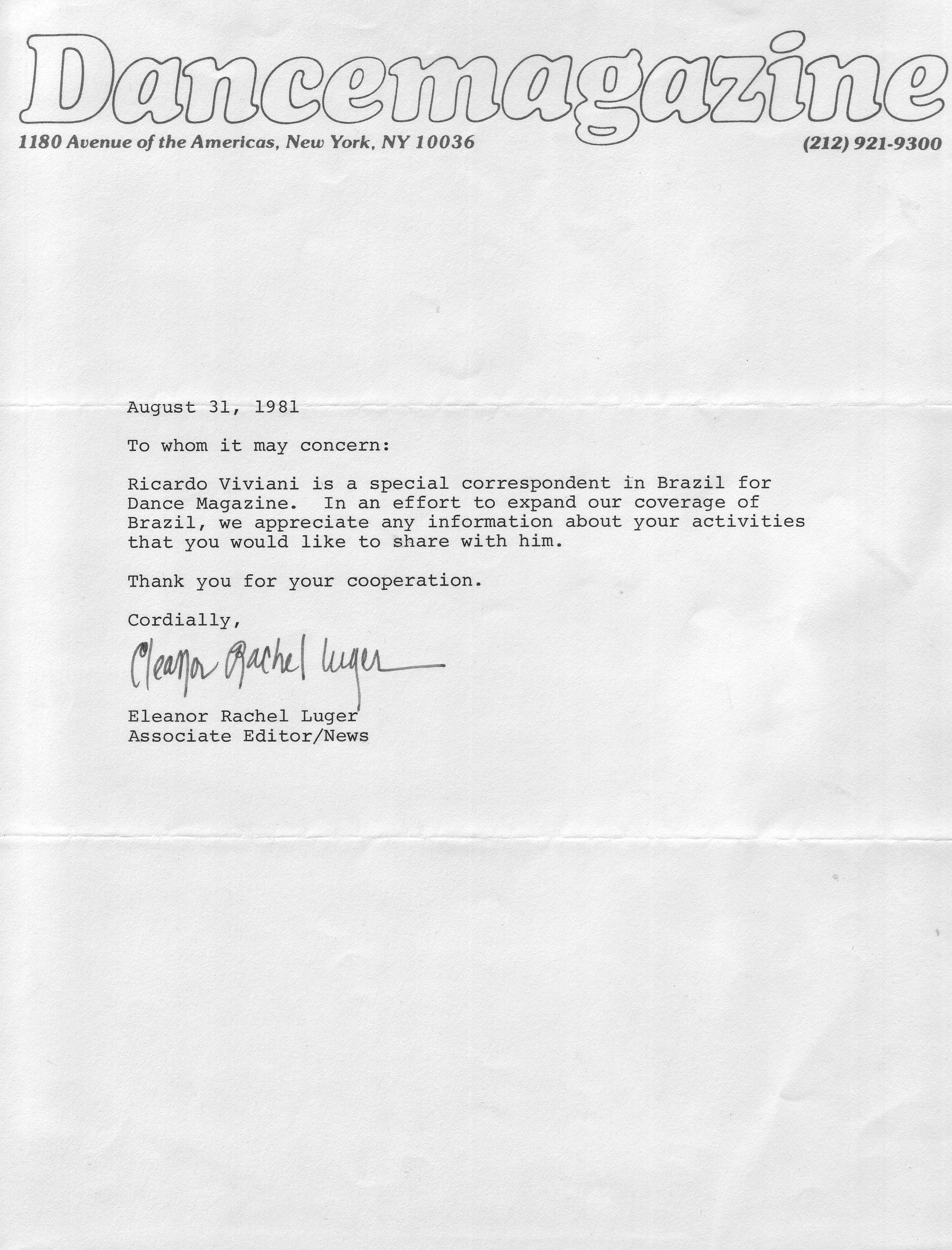 Letter from Dance Magazine dated 31 August 1981 confirming Ricardo Viviani as a special correspondent in Brazil.