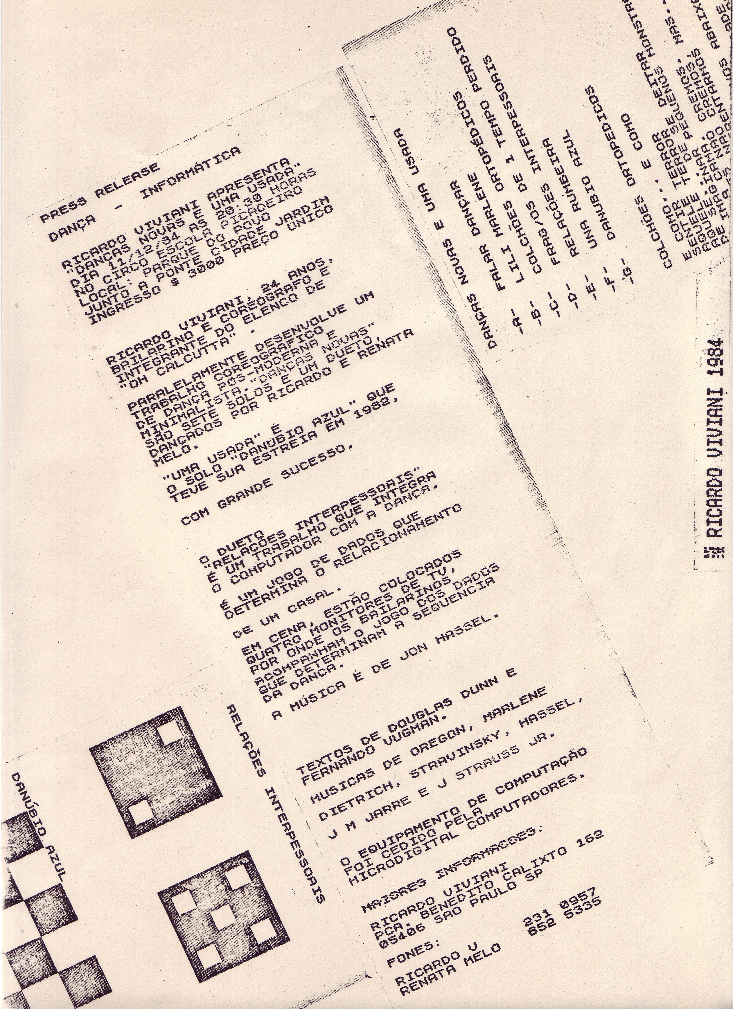 Surviving thermal-paper press release for Danças Novas e uma Usada, with 8-bit graphics and production information